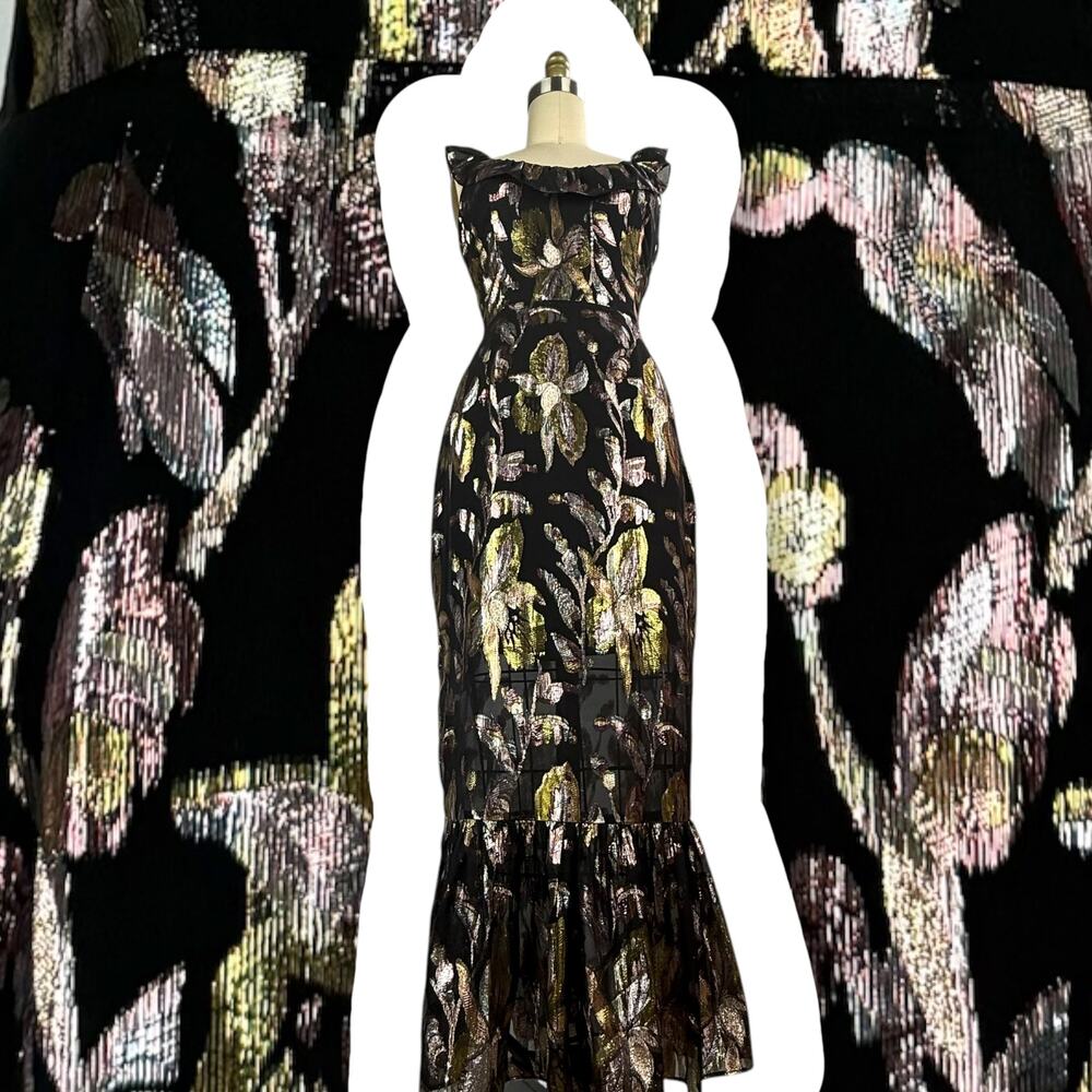 New w/ Tags WE ARE KINDRED silk metallic floral dress HARLOW FLOUNCE gown. - Picture 3 of 17